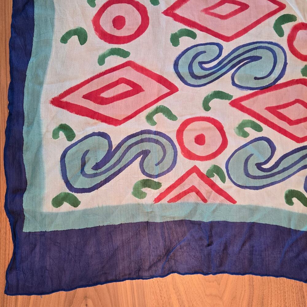 Silk Square Scarf Bordered Blue Pink Geometric 25 x 25 wearable art abstract